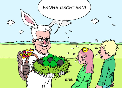 Cartoon: Frohe Oschtern (medium) by Erl tagged politik,baden,württemberg,landtagswahl,sieger,bündnis,90,die,grünen,grüne,ministerpräsident,winfried,kretschmann,koalitionsverhandlungen,fortführung,koalition,cdu,schwarz,grün,enttäuschung,basis,bevorzugung,ampel,spd,fdp,rot,gelb,ostern,osterhase,eier,ostereier,nest,osternest,kinder,karikatur,erl,politik,baden,württemberg,landtagswahl,sieger,bündnis,90,die,grünen,grüne,ministerpräsident,winfried,kretschmann,koalitionsverhandlungen,fortführung,koalition,cdu,schwarz,grün,enttäuschung,basis,bevorzugung,ampel,spd,fdp,rot,gelb,ostern,osterhase,eier,ostereier,nest,osternest,kinder,karikatur,erl