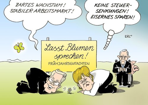 Cartoon: Frühjahrsgutachten (medium) by Erl tagged frühjahr,gutachten,wirtschaft,wachstum,arbeit,arbeitsmarkt,arbeitslose,arbeitsplätze,steuersenkung,sparen,blume,sprechen,westerwelle,merkel,schäuble,frühjahr,wirtschaft,wachstum,arbeitsmarkt,arbeitslose,arbeitsplätze,steuersenkung,westerwelle,merkel,arbeit,job