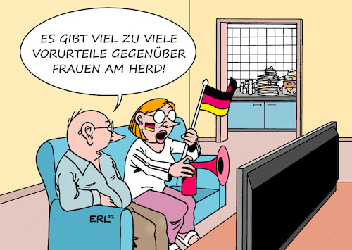 Cartoon: Fußball EM Frauen (medium) by Erl tagged politik,sport,fußball,frauen,frauenfußball,em,europameisterschaft,england,vorurteile,männer,frau,haushalt,herd,karikatur,erl,politik,sport,fußball,frauen,frauenfußball,em,europameisterschaft,england,vorurteile,männer,frau,haushalt,herd,karikatur,erl