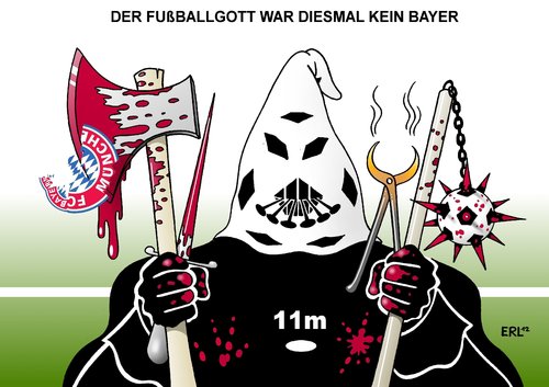 Cartoon: Fußballgott (medium) by Erl tagged fußball,champions,league,finale,2012,münchen,fc,bayern,chelsea,sieg,niederlage,bitter,unglücklich,unglück,pech,grausamkeit,grausam,folter,sadismus,elfmeterschießen,bastian,schweinsteiger,petr,cech,fußball,champions league,2012,fc bayern,chelsea,champions,league,fc,bayern