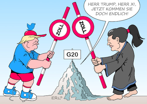 Cartoon: G20 (medium) by Erl tagged politik,g20,gipfel,japan,treffen,industrienationen,schwellenländer,konflikt,handelskrieg,usa,china,donald,trump,xi,jinping,strafzölle,karikatur,erl,politik,g20,gipfel,japan,treffen,industrienationen,schwellenländer,konflikt,handelskrieg,usa,china,donald,trump,xi,jinping,strafzölle,karikatur,erl