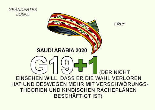 Cartoon: G20 (medium) by Erl tagged politik,gipfel,g20,industrienationen,saudi,arabien,usa,präsident,donald,trump,wahl,niederlage,verschwörungstheorie,wahlbetrug,rachepläne,rache,logo,karikatur,erl,politik,gipfel,g20,industrienationen,saudi,arabien,usa,präsident,donald,trump,wahl,niederlage,verschwörungstheorie,wahlbetrug,rachepläne,rache,logo,karikatur,erl