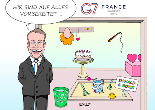 Cartoon: G7 (medium) by Erl tagged politik,g7,gipfel,industrienationen,frankreich,biarritz,probleme,klima,klimawandel,rechtspopulismus,nationalismus,klimaleugner,jair,bolsonaro,brasilien,feuer,regenwald,donald,trump,usa,boris,johnson,großbritannien,brexit,eu,gastgeber,emmanuel,macron,vorbereitung,karikatur,erl,politik,g7,gipfel,industrienationen,frankreich,biarritz,probleme,klima,klimawandel,rechtspopulismus,nationalismus,klimaleugner,jair,bolsonaro,brasilien,feuer,regenwald,donald,trump,usa,boris,johnson,großbritannien,brexit,eu,gastgeber,emmanuel,macron,vorbereitung,karikatur,erl