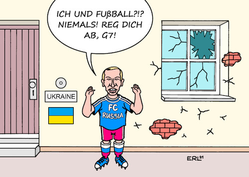 Cartoon: G7 Russland (medium) by Erl tagged politik,außenpolitik,g7,verurteilung,warnung,russland,angriff,ukraine,truppen,aufmarsch,präsident,putin,fußball,scheibe,nachbarhaus,karikatur,erl,politik,außenpolitik,g7,verurteilung,warnung,russland,angriff,ukraine,truppen,aufmarsch,präsident,putin,fußball,scheibe,nachbarhaus,karikatur,erl