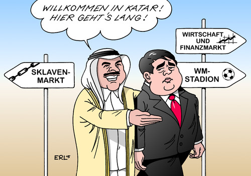 Cartoon: Gabriel in Katar (medium) by Erl tagged sigmar,gabriel,wirtschaftsminister,vizekanzler,deutschland,besuch,katar,emirat,emir,diktatur,wm,fußball,weltmeisterschaft,arbeiter,sklaven,wirtschaft,finanzmarkt,investor,karikatur,erl,sigmar,gabriel,wirtschaftsminister,vizekanzler,deutschland,besuch,katar,emirat,emir,diktatur,wm,fußball,weltmeisterschaft,arbeiter,sklaven,wirtschaft,finanzmarkt,investor