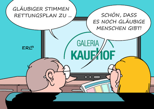 Cartoon: Galeria Kaufhof Rettung (medium) by Erl tagged politik,wirtschaft,handel,einzelhandel,warenhaus,kette,galeria,kaufhof,insolvenz,insolvenzverfahren,rettung,zustimmung,gläubiger,nachrichten,fernsehen,karikatur,erl,politik,wirtschaft,handel,einzelhandel,warenhaus,kette,galeria,kaufhof,insolvenz,insolvenzverfahren,rettung,zustimmung,gläubiger,nachrichten,fernsehen,karikatur,erl