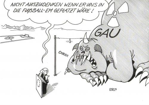 Cartoon: GAU (medium) by Erl tagged atomkraft,gau,fußball,em,atomkraft,gau,fußball,em,atom,monster,atomkraftwerk,gefahr,risiko,schlafen,krsko,slowenien,kernkraftwerk,ängste,europa,eu,aufwecken,bedrohung