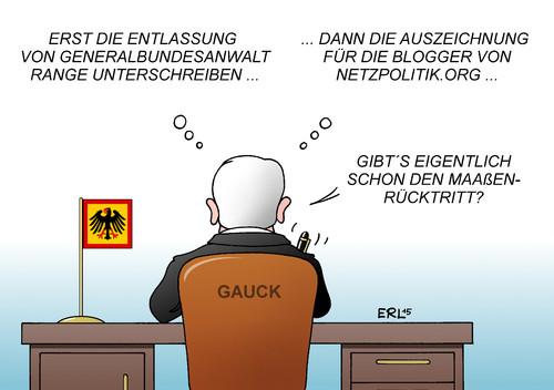 Cartoon: Gauck Landesverrat-Affäre (medium) by Erl tagged bundespräsident,gauck,landesverrataffäre,affäre,verfassungsschutz,präsident,maaßen,anzeige,blogger,netzpolitik,org,ermittlung,generalbundesanwalt,range,entlassung,justizminister,maas,unterschrift,unterschreiben,rücktritt,karikatur,erl,bundespräsident,gauck,landesverrataffäre,verfassungsschutz,präsident,maaßen,anzeige,blogger,netzpolitik,org,ermittlung,generalbundesanwalt,range,entlassung,justitminister,maas,unterschrift,unterschreiben,rücktritt