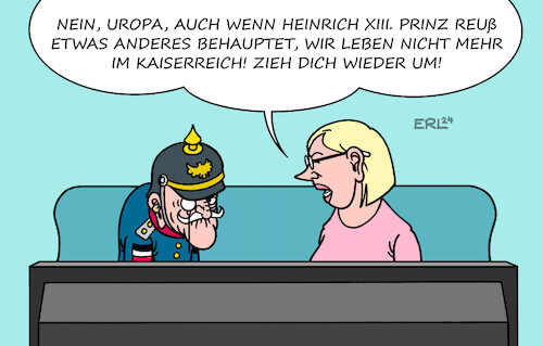 Cartoon: Geist der Vergangenheit (medium) by Erl tagged politik,justiz,prozess,stuttgart,stammheim,terrorismus,terror,terrorvereinigung,reichsbürger,anführer,heinrich,xiii,prinz,reuß,umsturz,angriff,zerstörung,demokratie,bundesrepublik,deutschland,rechtsextremismus,glaube,kaiserreich,uropa,uniform,pickelhaube,monokel,karikatur,erl,politik,justiz,prozess,stuttgart,stammheim,terrorismus,terror,terrorvereinigung,reichsbürger,anführer,heinrich,xiii,prinz,reuß,umsturz,angriff,zerstörung,demokratie,bundesrepublik,deutschland,rechtsextremismus,glaube,kaiserreich,uropa,uniform,pickelhaube,monokel,karikatur,erl