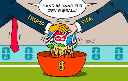 Cartoon: Geldmeisterschaft (medium) by Erl tagged politik,sport,fußball,weltmeisterschaft,2026,usa,trump,fifa,infantino,geld,gier,ball,zitronenpresse,karikatur,erl,politik,sport,fußball,weltmeisterschaft,2026,usa,trump,fifa,infantino,geld,gier,ball,zitronenpresse,karikatur,erl