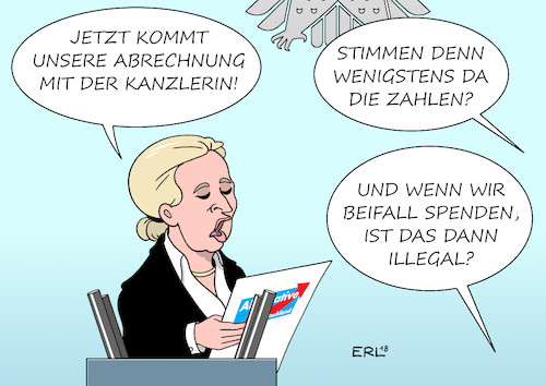 Cartoon: Generalabrechnung (medium) by Erl tagged politik,bundestag,debatte,haushalt,etat,kanzlerinetat,kanzleretat,abrechnung,bundeskanzlerin,angela,merkel,opposition,alice,weidel,afd,spendenaffäre,verteidigung,parteispenden,spenden,ausland,illegal,verstoß,parteispendengesetz,karikatur,erl,politik,bundestag,debatte,haushalt,etat,kanzlerinetat,kanzleretat,abrechnung,bundeskanzlerin,angela,merkel,opposition,alice,weidel,afd,spendenaffäre,verteidigung,parteispenden,spenden,ausland,illegal,verstoß,parteispendengesetz,karikatur,erl