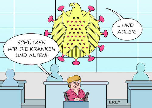 Cartoon: Generaldebatte II (medium) by Erl tagged politik,corona,virus,pandemie,covid19,zweite,welle,herbst,winter,weihnachten,silvester,teillockdown,fallzahlen,hoch,forderung,lockdown,hart,schutz,kranke,alte,bundestag,generaldebatte,bundeskanzlerin,angela,merkel,bundesadler,karikatur,erl,politik,corona,virus,pandemie,covid19,zweite,welle,herbst,winter,weihnachten,silvester,teillockdown,fallzahlen,hoch,forderung,lockdown,hart,schutz,kranke,alte,bundestag,generaldebatte,bundeskanzlerin,angela,merkel,bundesadler,karikatur,erl