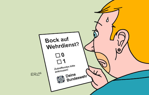 Cartoon: Generation Null Bock? (medium) by Erl tagged politik,bundeswehr,wehrdienst,freiwillig,fragebogen,musterung,motivation,null,bock,karikatur,erl,politik,bundeswehr,wehrdienst,freiwillig,fragebogen,musterung,motivation,null,bock,karikatur,erl