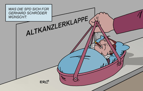 Cartoon: Gerhard Schröder (medium) by Erl tagged politik,partei,spd,sozialdemokraten,altkanzler,gerhard,schröder,60,jahre,mitgliedschaft,hannover,freundschaft,wladimir,putin,krieg,angriff,überfall,russland,ukraine,abseits,moral,rückgabe,babyklappe,karikatur,erl,politik,partei,spd,sozialdemokraten,altkanzler,gerhard,schröder,60,jahre,mitgliedschaft,hannover,freundschaft,wladimir,putin,krieg,angriff,überfall,russland,ukraine,abseits,moral,rückgabe,babyklappe,karikatur,erl