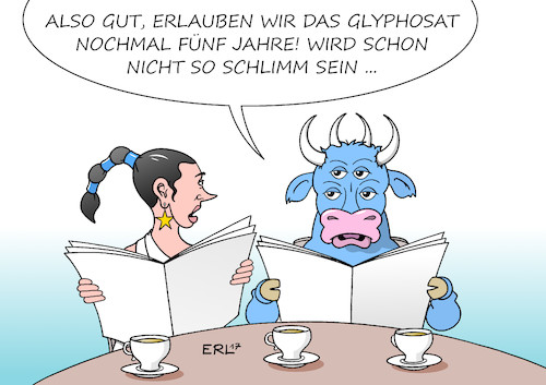 Cartoon: Glyphosat (medium) by Erl tagged glyphosat,unkrautvernichtungsmittel,pflanzenschutzmittel,gift,verdacht,krebserregend,forschung,wissenschaft,studie,uneinigkeit,eu,verlängerung,fünf,jahre,zulassung,erlaubnis,einsatz,landwirtschaft,europa,stier,missbildungen,karikatur,erl,glyphosat,unkrautvernichtungsmittel,pflanzenschutzmittel,gift,verdacht,krebserregend,forschung,wissenschaft,studie,uneinigkeit,eu,verlängerung,fünf,jahre,zulassung,erlaubnis,einsatz,landwirtschaft,europa,stier,missbildungen,karikatur,erl