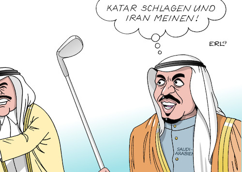 Cartoon: Golfschläger (medium) by Erl tagged katar,nachbarn,nachbarstaaten,vorwurf,unterstützung,terror,terrororganisationen,boykott,ausweisung,flugverbot,grenzen,schließung,saudi,arabien,iran,gegenspieler,sunniten,schiiten,konflikt,nahost,golf,golfschläger,karikatur,erl,katar,nachbarn,nachbarstaaten,vorwurf,unterstützung,terror,terrororganisationen,boykott,ausweisung,flugverbot,grenzen,schließung,saudi,arabien,iran,gegenspieler,sunniten,schiiten,konflikt,nahost,golf,golfschläger,karikatur,erl