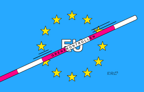 Cartoon: Grenzkontrollen I (medium) by Erl tagged politik,eu,europäische,union,schengen,schengenraum,grenzkontrollen,flüchtlinge,angst,überlastung,überforderung,erstarken,rechtspopulismus,rechtsextremismus,schlagbaum,schlagbäume,gegensatz,ideale,werte,idee,europa,flagge,karikatur,erl,politik,eu,europäische,union,schengen,schengenraum,grenzkontrollen,flüchtlinge,angst,überlastung,überforderung,erstarken,rechtspopulismus,rechtsextremismus,schlagbaum,schlagbäume,gegensatz,ideale,werte,idee,europa,flagge,karikatur,erl