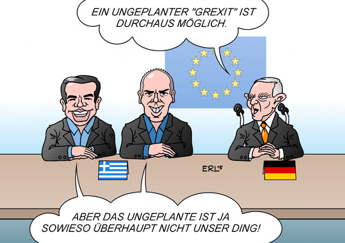 Cartoon: Grexit (medium) by Erl tagged griechenland,krise,schulden,euro,eu,ezb,iwf,grexit,deutschland,schäuble,regierung,tsipras,varoufakis,plan,geld,wirtschaft,finanzen,kredit,finanzminister,karikatur,erl,griechenland,krise,schulden,euro,eu,ezb,iwf,grexit,deutschland,schäuble,regierung,tsipras,varoufakis,plan,geld,wirtschaft,finanzen,kredit,finanzminister