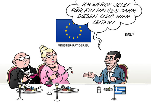 Cartoon: Griechenland (medium) by Erl tagged eu,ministerrat,ratspräsidentschaft,griechenland,krise,vorsitz,arm,reich,essen,trinken,club,karikatur,erl,eu,ministerrat,ratspräsidentschaft,griechenland,krise,vorsitz,arm,reich,essen,trinken,club