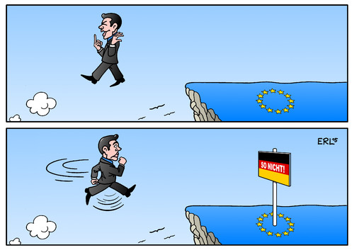 Cartoon: Griechenland (medium) by Erl tagged griechenland,euro,schulden,krise,sparkurs,troika,eu,ezb,iwf,regierung,tsipras,konfrontation,kredit,antrag,bedingungen,deutschland,geld,hilfe,finanzen,banken,karikatur,erl,griechenland