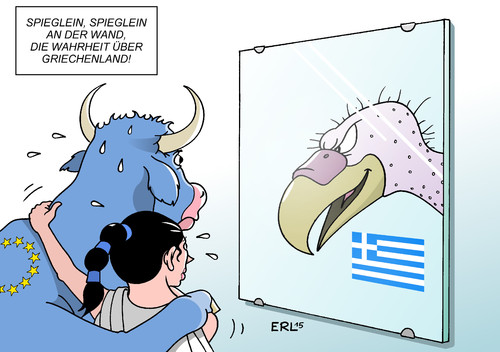 Cartoon: Griechenland 2 (medium) by Erl tagged griechenland,krise,schulden,euro,eu,ezb,iwf,hilfe,bedingung,sparkurs,reformkurs,rettung,entscheidung,referendum,geldhahn,pleite,staatspleite,staatsbankrott,spiegel,wahrheit,spieglein,pleitegeier,stier,europa,karikatur,erl,griechenland,krise,schulden,euro,eu,ezb,iwf,hilfe,bedingung,sparkurs,reformkurs,rettung,entscheidung,referendum,geldhahn,pleite,staatspleite,staatsbankrott,spiegel,wahrheit,spieglein,pleitegeier,stier,europa