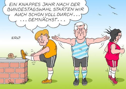 Cartoon: Groko (medium) by Erl tagged politik,bundestagswahl,2017,große,koalition,groko,cdu,csu,spd,arbeit,beginn,aufwärmen,dehnen,start,bundeskanzlerin,angela,merkel,innenminister,horst,seehofer,fraktionsvorsitzende,andrea,nahles,inhalte,rente,soziale,umwelt,energiewende,verkehr,infrastruktur,einwanderung,asyl,integration,regierungskoalition,stillstand,karikatur,erl,politik,bundestagswahl,2017,große,koalition,groko,cdu,csu,spd,arbeit,beginn,aufwärmen,dehnen,start,bundeskanzlerin,angela,merkel,innenminister,horst,seehofer,fraktionsvorsitzende,andrea,nahles,inhalte,rente,soziale,umwelt,energiewende,verkehr,infrastruktur,einwanderung,asyl,integration,regierungskoalition,stillstand,karikatur,erl