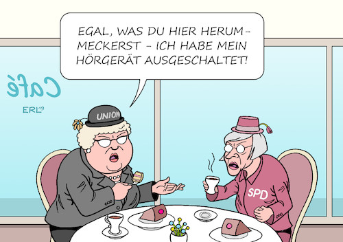 Cartoon: Groko (medium) by Erl tagged politik,partei,spd,wahl,spitzenduo,vorsitzende,norbert,walter,borjans,saskia,esken,linksruck,sozialpolitik,sozialstaat,überwindung,hartz,iv,agenda,2010,groko,große,koalition,konflikt,gespräch,bedarf,gesprächsbedarf,ablehnung,cdu,csu,alte,damen,cafe,kaffee,hörgerät,karikatur,erl,politik,partei,spd,wahl,spitzenduo,vorsitzende,norbert,walter,borjans,saskia,esken,linksruck,sozialpolitik,sozialstaat,überwindung,hartz,iv,agenda,2010,groko,große,koalition,konflikt,gespräch,bedarf,gesprächsbedarf,ablehnung,cdu,csu,alte,damen,cafe,kaffee,hörgerät,karikatur,erl