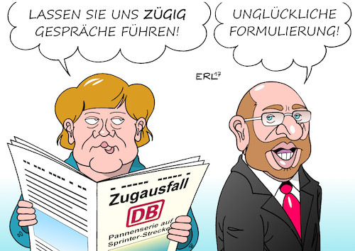 Cartoon: Groko Gespräche (medium) by Erl tagged bundestagswahl,2017,wahl,bundestag,regierung,regierungsbildung,jamaika,scheitern,große,koalition,groko,schwarz,rot,cdu,csu,spd,bedenken,opposition,neuwahlen,minderheitsregierung,bundeskanzlerin,angela,merkel,drängen,gespräche,sondierung,zügig,zug,ausfall,deutsche,bahn,ice,hochgeschwindigkeitsstrecke,münchen,berlin,panne,pannenserie,martin,schulz,karikatur,erl,bundestagswahl,2017,wahl,bundestag,regierung,regierungsbildung,jamaika,scheitern,große,koalition,groko,schwarz,rot,cdu,csu,spd,bedenken,opposition,neuwahlen,minderheitsregierung,bundeskanzlerin,angela,merkel,drängen,gespräche,sondierung,zügig,zug,ausfall,deutsche,bahn,ice,hochgeschwindigkeitsstrecke,münchen,berlin,panne,pannenserie,martin,schulz,karikatur,erl