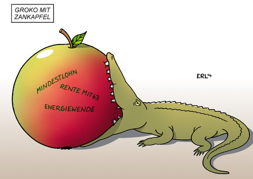 Cartoon: GroKo mit Zankapfel (medium) by Erl tagged apfel,krokodil,energiewende,63,rente,mindestlohn,zankapfel,streitthema,themen,streit,spd,csu,cdu,koalition,große,groko,griko,große,koalition,cdu,csu,spd,streit,themen,streitthema,zankapfel,mindestlohn,rente,63,energiewende,krokodil,apfel