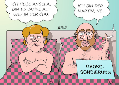 Cartoon: Groko Sondierung (medium) by Erl tagged bundestagswahl,regierung,regierungsbildung,neuauflage,große,koalition,groko,schwarz,rot,cdu,csu,spd,sondierung,abtasten,kennenlernen,bundeskanzlerin,angela,merkel,parteichef,martin,schulz,ehe,ehebett,vorstellung,politik,inhalte,karikatur,erl,bundestagswahl,regierung,regierungsbildung,neuauflage,große,koalition,groko,schwarz,rot,cdu,csu,spd,sondierung,abtasten,kennenlernen,bundeskanzlerin,angela,merkel,parteichef,martin,schulz,ehe,ehebett,vorstellung,politik,inhalte,karikatur,erl