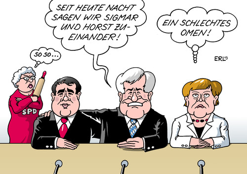 Cartoon: Große Koalition (medium) by Erl tagged mitgliederbefragung,abstimmung,nudelholz,basis,omen,fdp,westerwelle,2009,duzen,du,koalitionsvertrag,einigung,koalitionsverhandlungen,seehofer,gabriel,merkel,spd,csu,cdu,groko,rot,schwarz,koalition,große,große,koalition,schwarz,rot,groko,cdu,csu,spd,merkel,gabriel,seehofer,koalitionsverhandlungen,einigung,koalitionsvertrag,du,duzen,2009,westerwelle,fdp,omen,basis,nudelholz,abstimmung,mitgliederbefragung