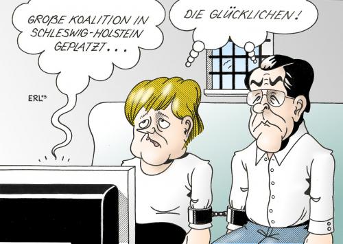 Cartoon: Große Koalition (medium) by Erl tagged cdu,spd,schleswig,holstein,kiel,carstensen,stegner,deutschland,berlin,merkel,müntefering,platzen,befreiung,gefängnis,cdu,spd,schleswig holstein,kiel,carstensen,stegner,deutschland,berlin,angela merkel,koalition,schleswig,holstein,angela,merkel