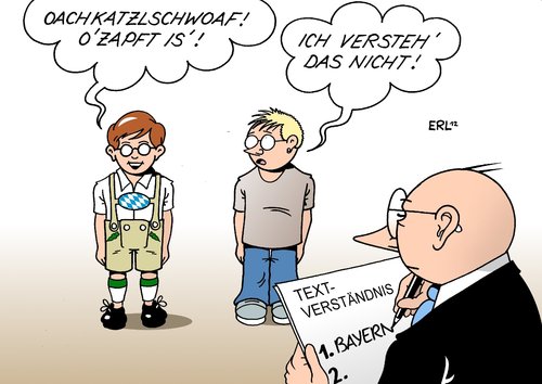 Cartoon: Grundschulvergleich (medium) by Erl tagged bildung,studie,vergleich,grundschule,länder,bundesländer,kultusminister,südländer,bayern,lesen,mathematik,text,verständnis,textverständnis,dialekt,schule,bildung,studie,vergleich,grundschule,länder,bundesländer,kultusminister,südländer,bayern,lesen,mathematik,text,verständnis,textverständnis,dialekt,schule