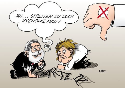 Cartoon: Hartz-IV-Streit (medium) by Erl tagged hartz,reform,streit,regierung,cdu,csu,fdp,schwarz,gelb,opposition,spd,grüne,linke,rot,grün,bundesrat,ablehnung,vermittlungsausschuss,wahl,wahljahr,superwahljahr,wähler,daumen,runter,einigung,hartz,reform,streit,regierung,cdu,csu,fdp,schwarz,opposition,spd,grüne,linke,rot,grün,bundesrat,wahljahr,wahl