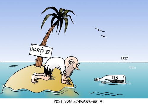 Cartoon: Hartz IV (medium) by Erl tagged hartz,vier,erhöhung,fünf,euro,regierung,koalition,schwarz,gelb,cdu,csu,fdp,insel,schiffbrüchig,post,flaschenpost,schiff,buddelschiff,hartz,arbeit,job,arbeitslos,arbeitslosigkeit,regierung,euro,fünf,erhöhung,gelb,insel,schiffbrüchig,schiff,buddelschiff