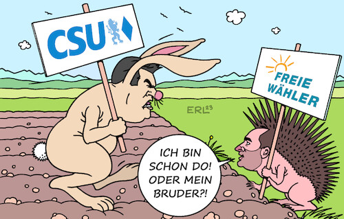 Cartoon: Hase und Igel in Bayern (medium) by Erl tagged politik,bayern,landtagswahl,ministerpräsident,markus,söder,csu,umfragen,umfragetief,umfragehoch,freie,wähler,hubert,aiwanger,rechtspopulismus,flugblattaffäre,bruder,antsemitismus,rechtsextremismus,hase,und,igel,märchen,grimm,karikatur,erl,politik,bayern,landtagswahl,ministerpräsident,markus,söder,csu,umfragen,umfragetief,umfragehoch,freie,wähler,hubert,aiwanger,rechtspopulismus,flugblattaffäre,bruder,antsemitismus,rechtsextremismus,hase,und,igel,märchen,grimm,karikatur,erl