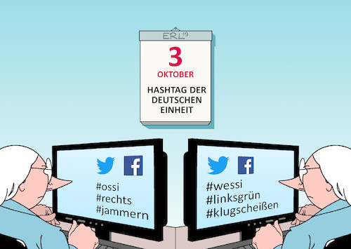 Cartoon: Hashtag der Deutschen Einheit (medium) by Erl tagged politik,deutschland,tag,der,deutschen,einheit,wiedervereinigung,1990,2019,gemeinsamkeiten,unterschiede,vorurteile,social,media,twitter,facebook,ossi,wessi,rechts,links,grün,jammern,klugscheißen,karikatur,erl,politik,deutschland,tag,der,deutschen,einheit,wiedervereinigung,1990,2019,gemeinsamkeiten,unterschiede,vorurteile,social,media,twitter,facebook,ossi,wessi,rechts,links,grün,jammern,klugscheißen,karikatur,erl