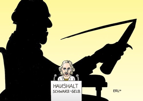 Cartoon: Haushalt Schwarz-Gelb (medium) by Erl tagged haushalt,schwarz,gelb,cdu,csu,fdp,schulden,einsparungen,rotstift,strich,durch,die,rechnung,von,der,leyen,schäuble,haushalt,schwarz,gelb,cdu,csu,fdp,einsparungen,rotstift,leyen,schäuble