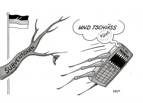 Cartoon: Heuschrecke (medium) by Erl tagged nokia,nokia,globalisierung,massenentlassungen,heuschrecke,wirtschaft,markt,subventionen,flagge,tschüss,hüpfen,insekt,fressen,grille,handy,arbeitslose,rumänien