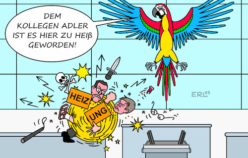 Cartoon: Hitzige Debatte (medium) by Erl tagged politik,klima,klimaschutz,ampel,wärmewende,heizung,gebäude,energie,gesetz,heizungsgesetz,bundestag,wirtschaftsminister,robert,habeck,grüne,streit,opposition,jens,spahn,cdu,debatte,heiß,hitzig,erderwärmung,hitze,adler,papagei,karikatur,erl,politik,klima,klimaschutz,ampel,wärmewende,heizung,gebäude,energie,gesetz,heizungsgesetz,bundestag,wirtschaftsminister,robert,habeck,grüne,streit,opposition,jens,spahn,cdu,debatte,heiß,hitzig,erderwärmung,hitze,adler,papagei,karikatur,erl