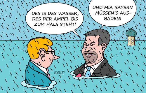 Cartoon: Hochwasser (medium) by Erl tagged politik,klima,wetter,regen,hochwasser,bayern,söder,schuld,ampel,karikatur,erl,politik,klima,wetter,regen,hochwasser,bayern,söder,schuld,ampel,karikatur,erl