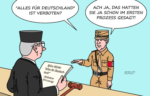 Cartoon: Höcke-Prozess (medium) by Erl tagged politik,thüringen,vorsitz,afd,björn,höcke,rechtsextremist,faschist,verschiebung,grenze,des,sagbaren,sa,losung,alles,für,deutschland,anklage,prozess,gericht,ahnungslosigkeit,geschichtslehrer,uniform,richter,karikatur,erl,politik,thüringen,vorsitz,afd,björn,höcke,rechtsextremist,faschist,verschiebung,grenze,des,sagbaren,sa,losung,alles,für,deutschland,anklage,prozess,gericht,ahnungslosigkeit,geschichtslehrer,uniform,richter,karikatur,erl