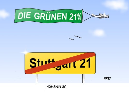 Cartoon: Höhenflug (medium) by Erl tagged grüne,bündnis,90,umfrage,umfragewerte,21,prozent,zustimmung,demoskopie,stuttgart,einundzwanzig,bahnhof,abriss,protest,stimmen,grüne,bündnis,stuttgart 21,umfragewerte,prozent,stuttgart,bahnhof,21