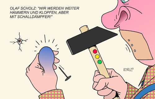 Cartoon: Hör mal wer da hämmert (medium) by Erl tagged politik,regierung,koalition,ampel,spd,grüne,fdp,streit,heizungsgesetz,kindergrundsicherung,kabinettsklausur,kabinett,klausur,schloss,meseberg,teamgeist,olaf,scholz,handwerker,hämmern,klopfen,leiser,schalldämpfer,hammer,nagel,daumen,karikatur,erl,politik,regierung,koalition,ampel,spd,grüne,fdp,streit,heizungsgesetz,kindergrundsicherung,kabinettsklausur,kabinett,klausur,schloss,meseberg,teamgeist,olaf,scholz,handwerker,hämmern,klopfen,leiser,schalldämpfer,hammer,nagel,daumen,karikatur,erl