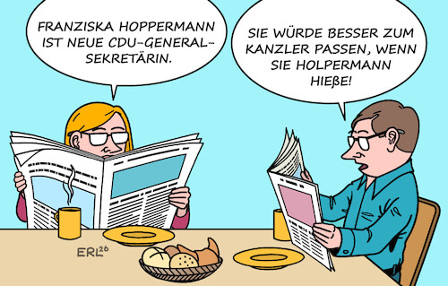 Cartoon: Hoppermann (medium) by Erl tagged politik,cdu,personal,umbau,generalsekretärin,franziska,hoppermann,kanzler,merz,agieren,kanzlerschaft,holprig,karikatur,erl,politik,cdu,personal,umbau,generalsekretärin,franziska,hoppermann,kanzler,merz,agieren,kanzlerschaft,holprig,karikatur,erl