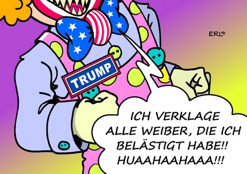 Cartoon: Horrorclown (medium) by Erl tagged donald,trump,usa,wahl,präsidentschaftswahl,präsident,präsidentin,kandidat,republikaner,rechtspopulismus,sexismus,sexuelle,übergriffe,belästigung,frauen,klage,verklagen,clown,horrorclown,angst,schrecken,trend,karikatur,erl,donald,trump,usa,wahl,präsidentschaftswahl,präsident,präsidentin,kandidat,republikaner,rechtspopulismus,sexismus,sexuelle,übergriffe,belästigung,frauen,klage,verklagen,clown,horrorclown,angst,schrecken,trend,karikatur,erl