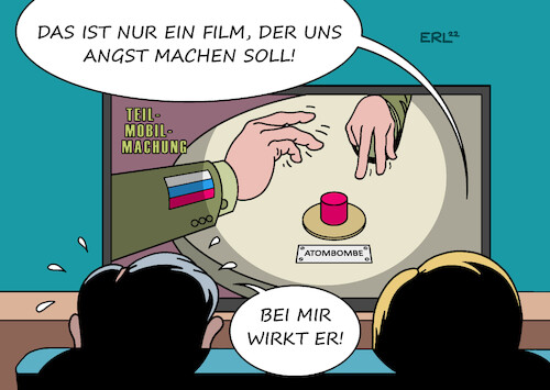 Cartoon: Horrorfilm (medium) by Erl tagged politik,krieg,angriff,überfall,russland,ukraine,rückeroberung,gebiete,reaktion,wladimir,putin,teilmobilmachung,drohung,einsatz,atomwaffen,signal,westen,deutschland,angst,karikatur,erl,politik,krieg,angriff,überfall,russland,ukraine,rückeroberung,gebiete,reaktion,wladimir,putin,teilmobilmachung,drohung,einsatz,atomwaffen,signal,westen,deutschland,angst,karikatur,erl