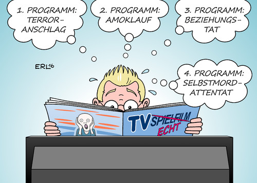 Cartoon: Horrorprogramm II (medium) by Erl tagged realit,spielfilm,tv,zeitschrift,programmzeitschrift,fernsehprogramm,fernsehen,medien,migrationshintergrund,flüchtlinge,messer,axt,pistole,bombe,ansbach,selbstmordanschlag,reutlingen,beziehungstat,münchen,amoklauf,würzburg,terroranschlag,terrorismus,terror,terror,terrorismus,terroranschlag,würzburg,amoklauf,münchen,beziehungstat,reutlingen,selbstmordanschlag,ansbach,bombe,pistole,axt,messer,flüchtlinge,migrationshintergrund,medien,fernsehen,fernsehprogramm,programmzeitschrift,zeitschrift,tv,spielfilm,realität,echt,angst,schrecken,horror,karikatur,erl