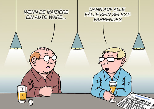 Cartoon: IAA de Maiziere (medium) by Erl tagged iaa,auto,messe,automesse,frankfurt,selbstfahrend,flüchtlinge,flüchtlingskrise,innenminister,thomas,de,maiziere,kritik,langsamkeit,versagen,rücktritt,bamf,präsident,schmidt,kneipe,theke,karikatur,erl,iaa,auto,messe,automesse,frankfurt,selbstfahrend,flüchtlinge,flüchtlingskrise,innenminister,thomas,de,maiziere,kritik,langsamkeit,versagen,rücktritt,bamf,präsident,schmidt,kneipe,theke,karikatur,erl