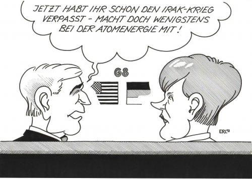 Cartoon: Immer gute Tipps auf Lager (medium) by Erl tagged bush,merkel,g8,atomenergie,irakkrieg,george w bush,angela merkel,g8,atomenergie,irakkrieg,usa,deutschland,flagge,unterhaltung,treffen,diskussion,kanzler,präsident,tipp,kernkraftwerk,umweltpolitik,naturschutz,co2,2050,öl,ölpreise,benzin,alternative energie,george,bush,angela,merkel,alternative,energie